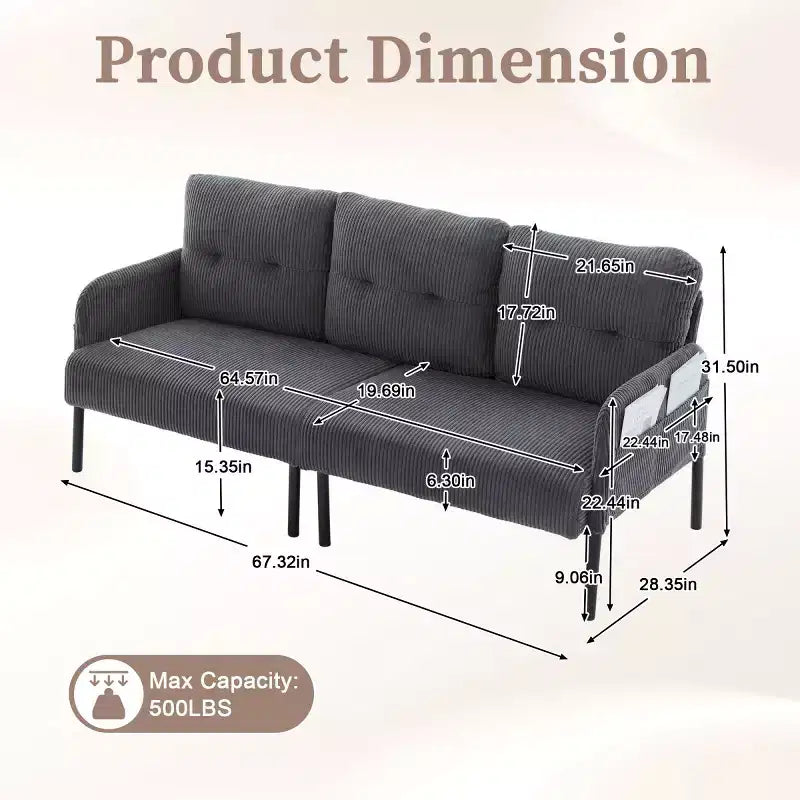 Canapé moderne surdimensionné pour deux personnes, canapé en velours côtelé 2 places avec pieds en métal et poches latérales pour salon, chambre, dortoir ou appartement
