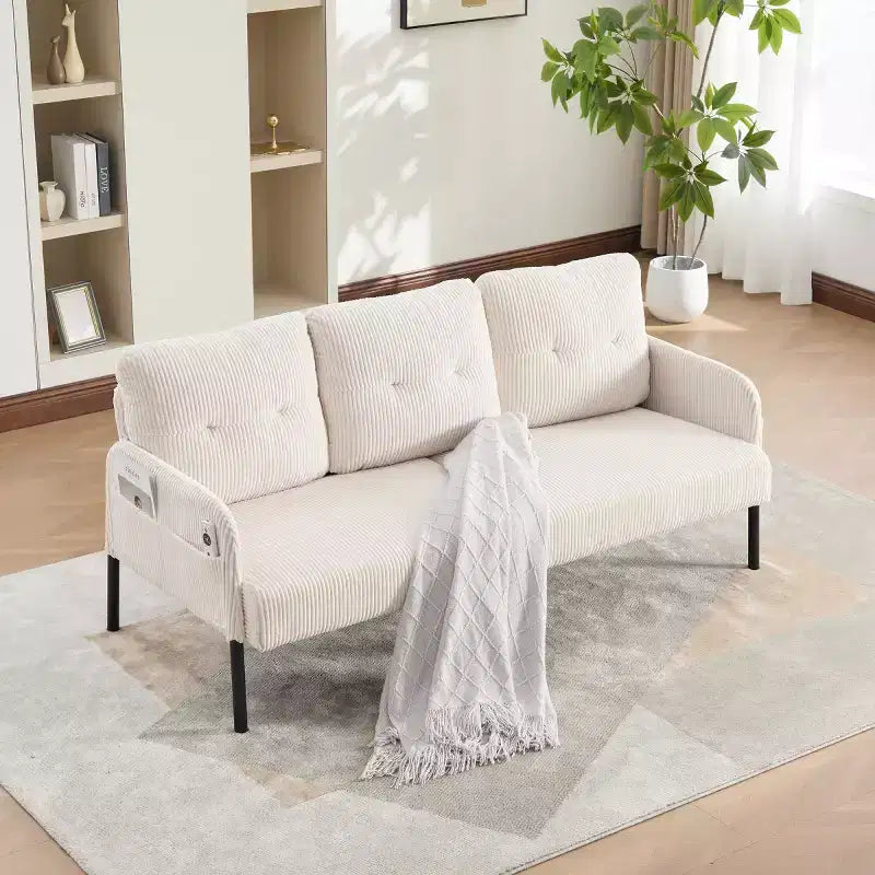 Canapé moderne surdimensionné pour deux personnes, canapé en velours côtelé 2 places avec pieds en métal et poches latérales pour salon, chambre, dortoir ou appartement