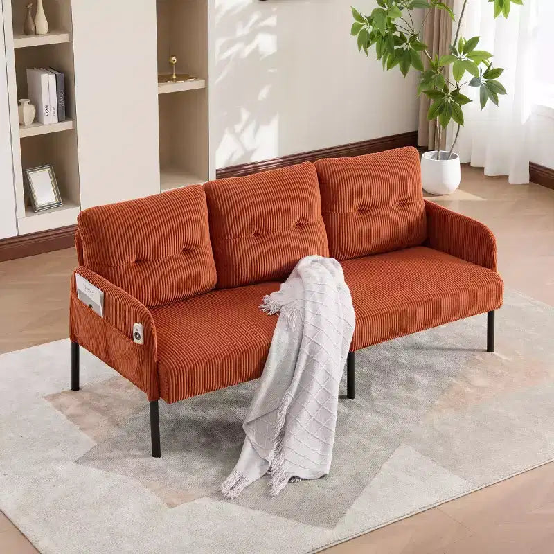 Canapé moderne surdimensionné pour deux personnes, canapé en velours côtelé 2 places avec pieds en métal et poches latérales pour salon, chambre, dortoir ou appartement