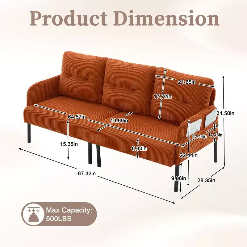 Canapé moderne surdimensionné pour deux personnes, canapé en velours côtelé 2 places avec pieds en métal et poches latérales pour salon, chambre, dortoir ou appartement