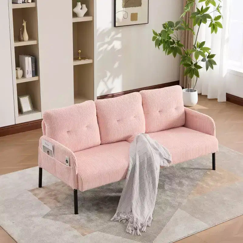 Canapé moderne surdimensionné pour deux personnes, canapé en velours côtelé 2 places avec pieds en métal et poches latérales pour salon, chambre, dortoir ou appartement