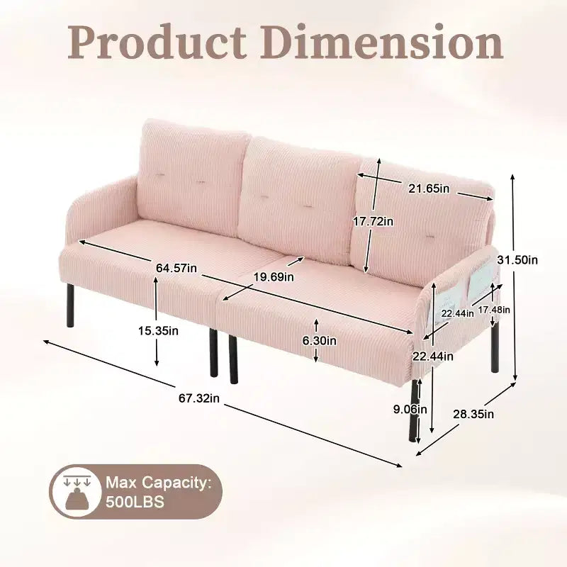 Canapé moderne surdimensionné pour deux personnes, canapé en velours côtelé 2 places avec pieds en métal et poches latérales pour salon, chambre, dortoir ou appartement