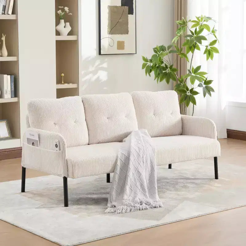 Oversized Modern Loveseat Sofa, 2-Seater Corduroy Couch with Metal Legs &amp; Side Pockets for Living Room, Bedroom, Dorm, or Apartment-Panipeachy