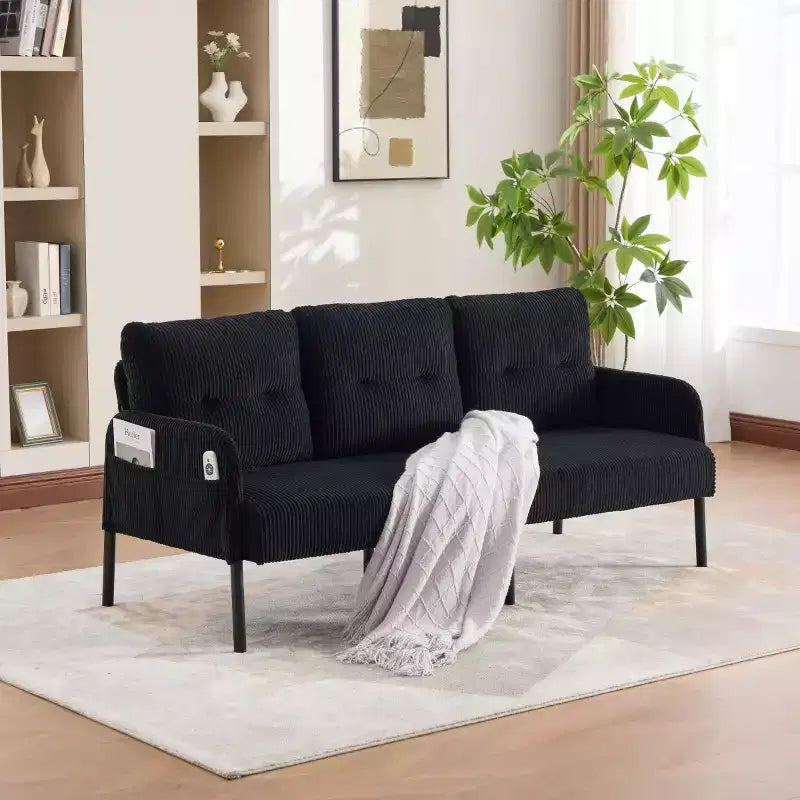 Canapé moderne surdimensionné pour deux personnes, canapé en velours côtelé 2 places avec pieds en métal et poches latérales pour salon, chambre, dortoir ou appartement