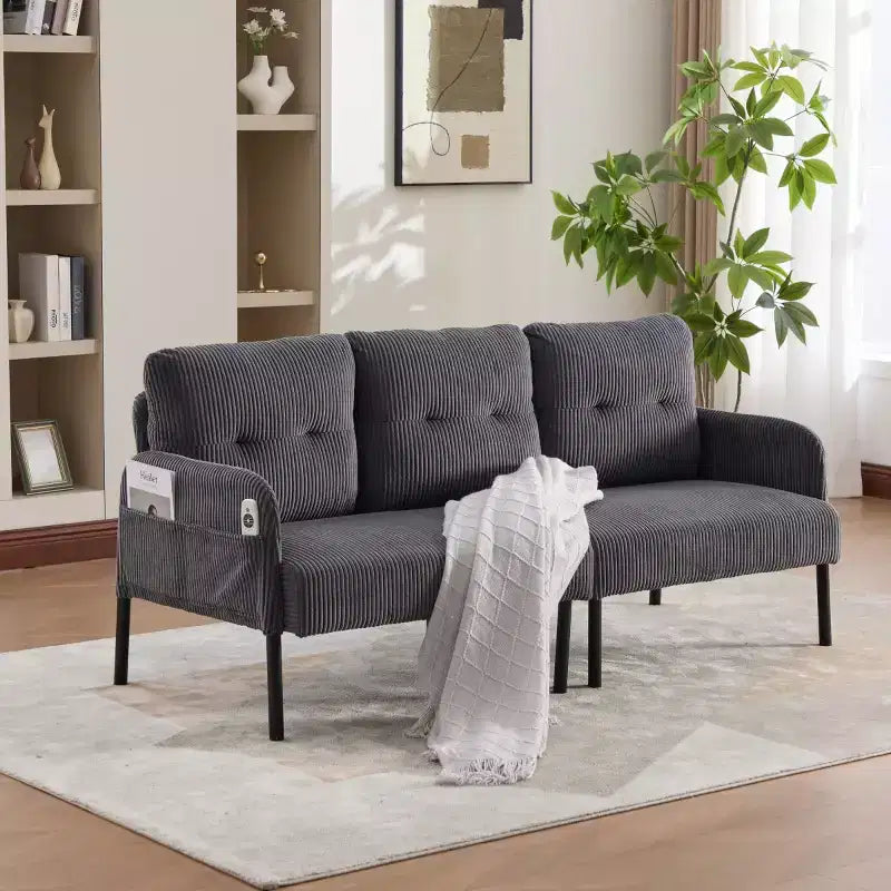 Canapé moderne surdimensionné pour deux personnes, canapé en velours côtelé 2 places avec pieds en métal et poches latérales pour salon, chambre, dortoir ou appartement