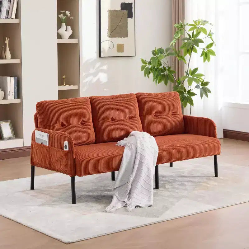 Canapé moderne surdimensionné pour deux personnes, canapé en velours côtelé 2 places avec pieds en métal et poches latérales pour salon, chambre, dortoir ou appartement