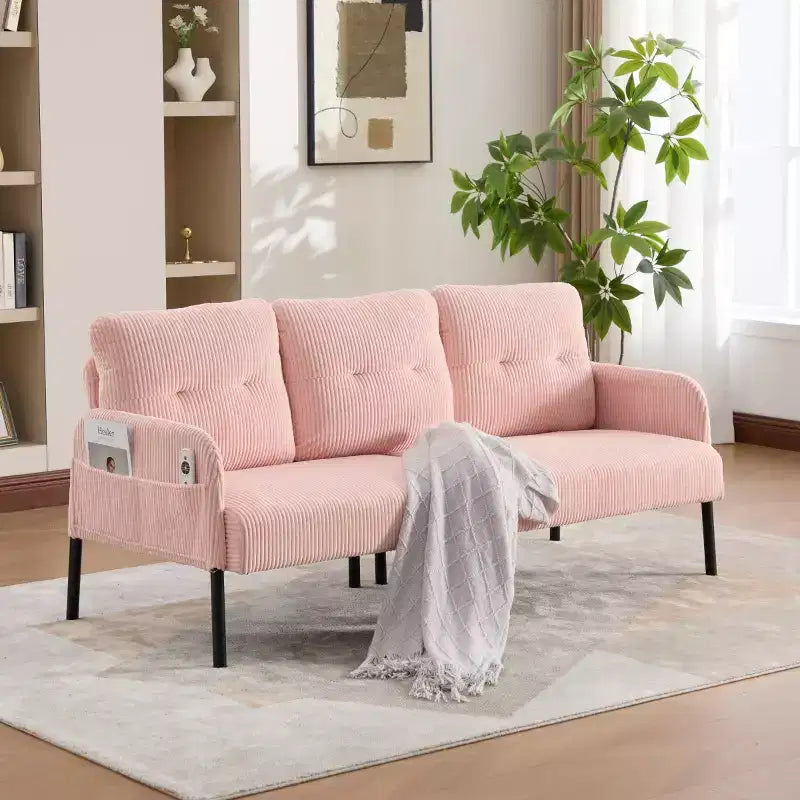 Canapé moderne surdimensionné pour deux personnes, canapé en velours côtelé 2 places avec pieds en métal et poches latérales pour salon, chambre, dortoir ou appartement