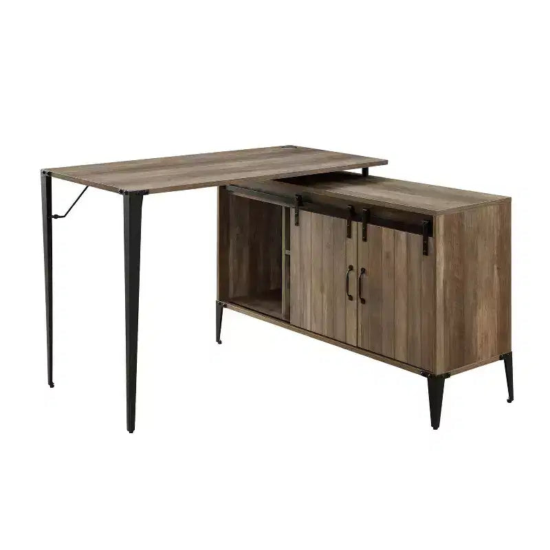 TUYOHW Bureau d'angle avec armoire latérale, porte coulissante de grange, bureau industriel avec compartiments de rangement, trou de câble, bureau d'ordinateur pour le bureau