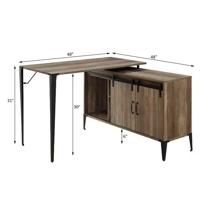 TUYOHW Bureau d'angle avec armoire latérale, porte coulissante de grange, bureau industriel avec compartiments de rangement, trou de câble, bureau d'ordinateur pour le bureau