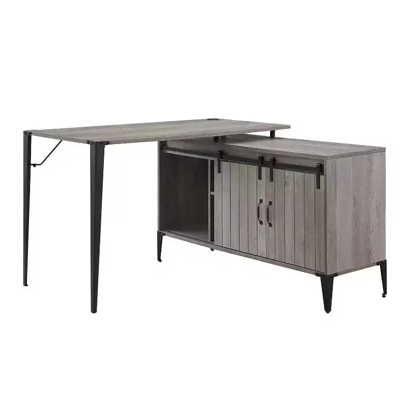 TUYOHW Bureau d'angle avec armoire latérale, porte coulissante de grange, bureau industriel avec compartiments de rangement, trou de câble, bureau d'ordinateur pour le bureau