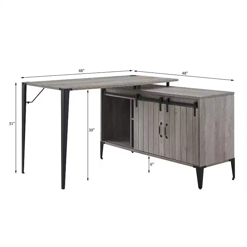 TUYOHW Bureau d'angle avec armoire latérale, porte coulissante de grange, bureau industriel avec compartiments de rangement, trou de câble, bureau d'ordinateur pour le bureau