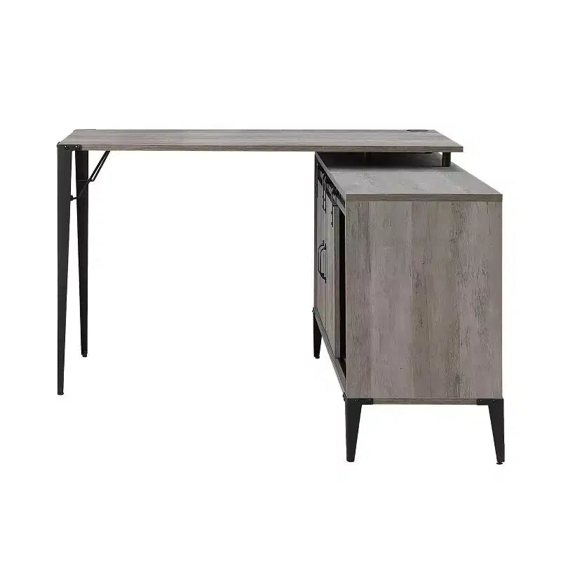 TUYOHW Bureau d'angle avec armoire latérale, porte coulissante de grange, bureau industriel avec compartiments de rangement, trou de câble, bureau d'ordinateur pour le bureau