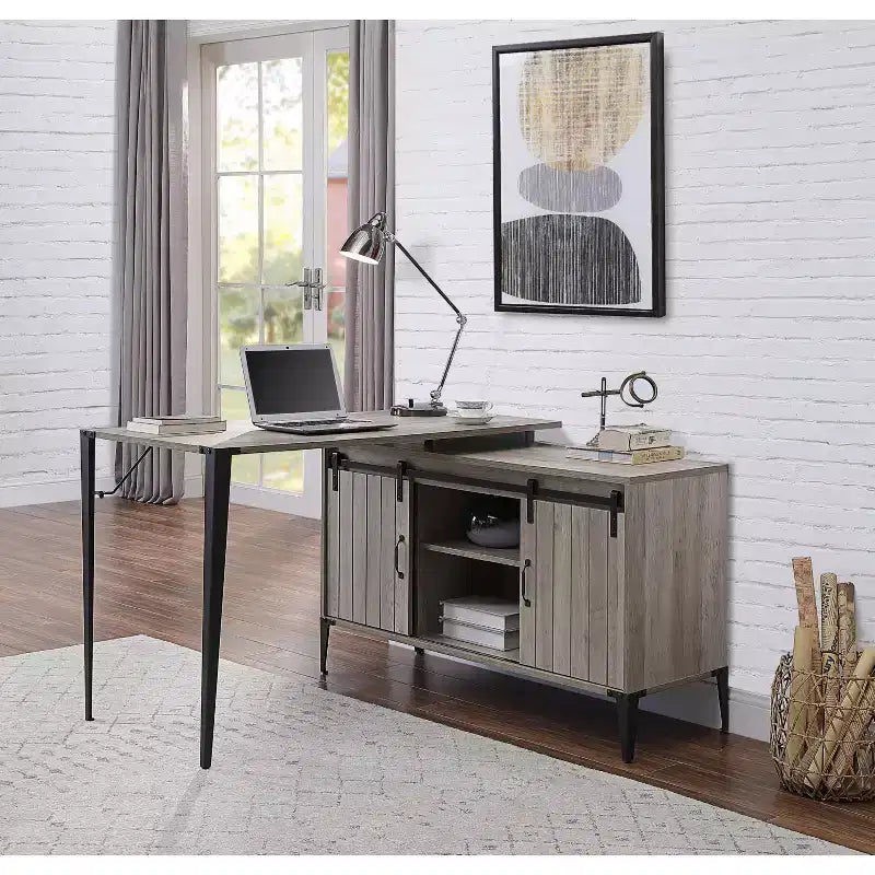 TUYOHW Bureau d'angle avec armoire latérale, porte coulissante de grange, bureau industriel avec compartiments de rangement, trou de câble, bureau d'ordinateur pour le bureau