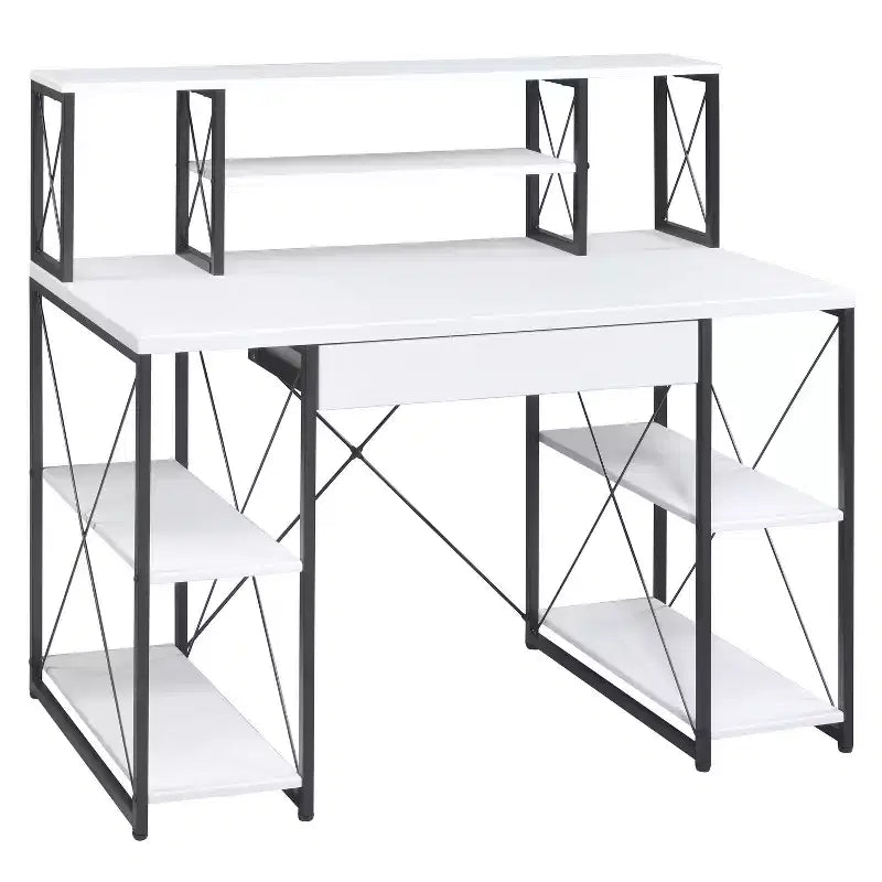 Bureau d'ordinateur, Meuble avec rangements, Bureau de studio d'enregistrement avec tiroir, 8 compartiments, Piètement traîneau en métal, Plateau en bois, Bureau d'écriture pour bureau à domicile