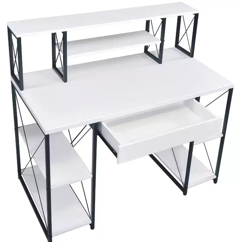 Bureau d'ordinateur, Meuble avec rangements, Bureau de studio d'enregistrement avec tiroir, 8 compartiments, Piètement traîneau en métal, Plateau en bois, Bureau d'écriture pour bureau à domicile
