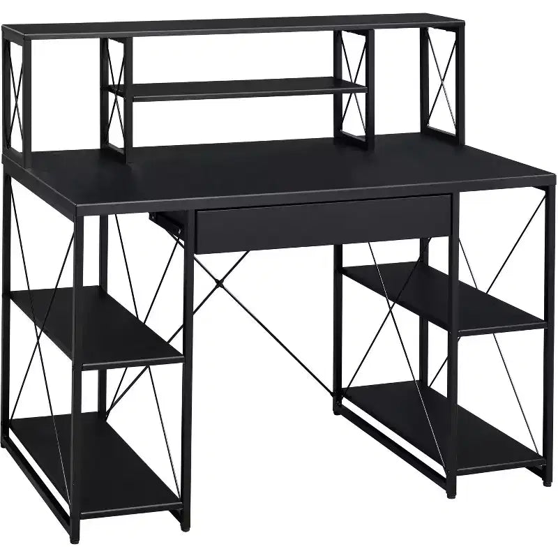 Bureau d'ordinateur, Meuble avec rangements, Bureau de studio d'enregistrement avec tiroir, 8 compartiments, Piètement traîneau en métal, Plateau en bois, Bureau d'écriture pour bureau à domicile