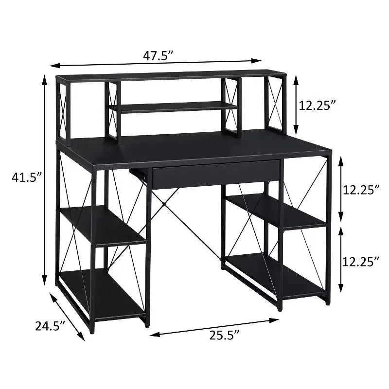 Bureau d'ordinateur, Meuble avec rangements, Bureau de studio d'enregistrement avec tiroir, 8 compartiments, Piètement traîneau en métal, Plateau en bois, Bureau d'écriture pour bureau à domicile