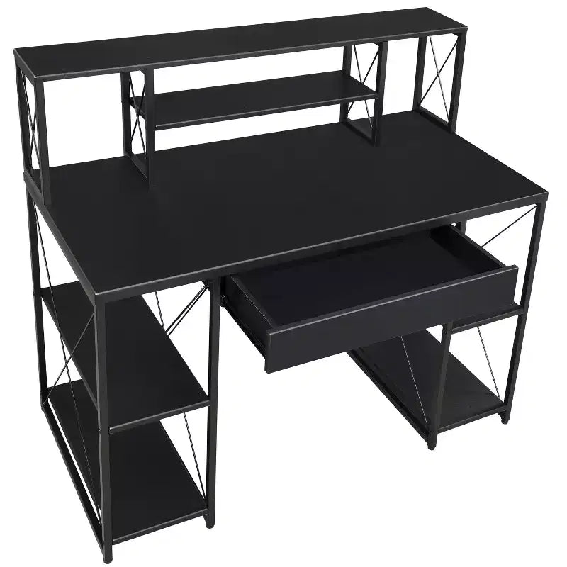 Bureau d'ordinateur, Meuble avec rangements, Bureau de studio d'enregistrement avec tiroir, 8 compartiments, Piètement traîneau en métal, Plateau en bois, Bureau d'écriture pour bureau à domicile