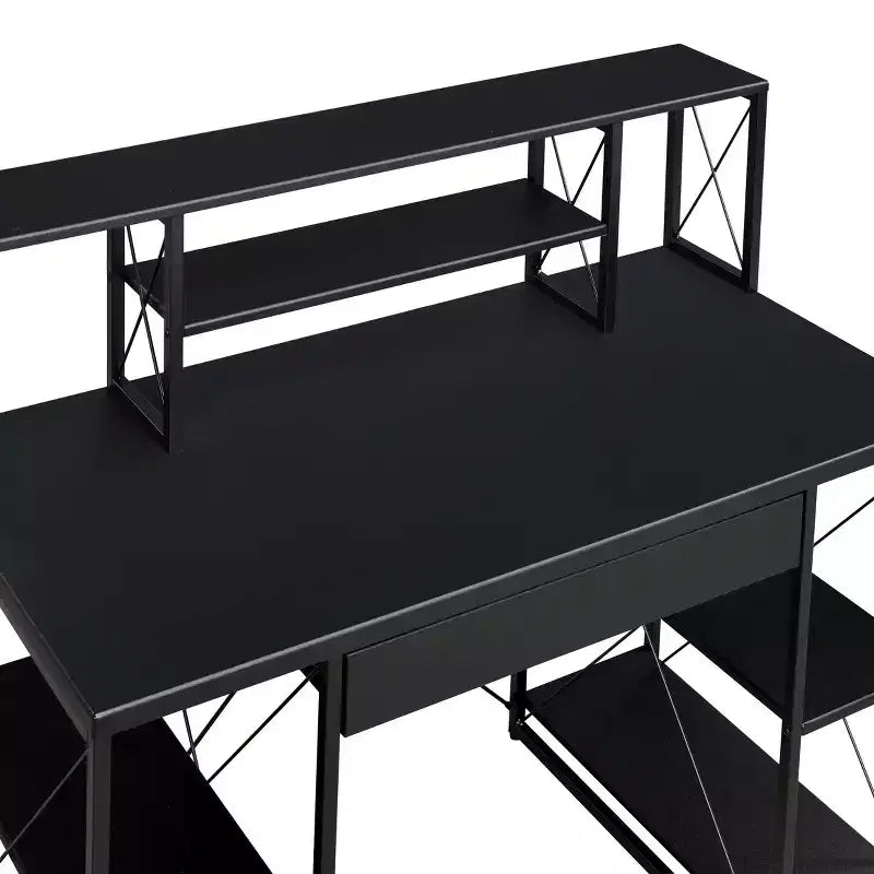 Bureau d'ordinateur, Meuble avec rangements, Bureau de studio d'enregistrement avec tiroir, 8 compartiments, Piètement traîneau en métal, Plateau en bois, Bureau d'écriture pour bureau à domicile