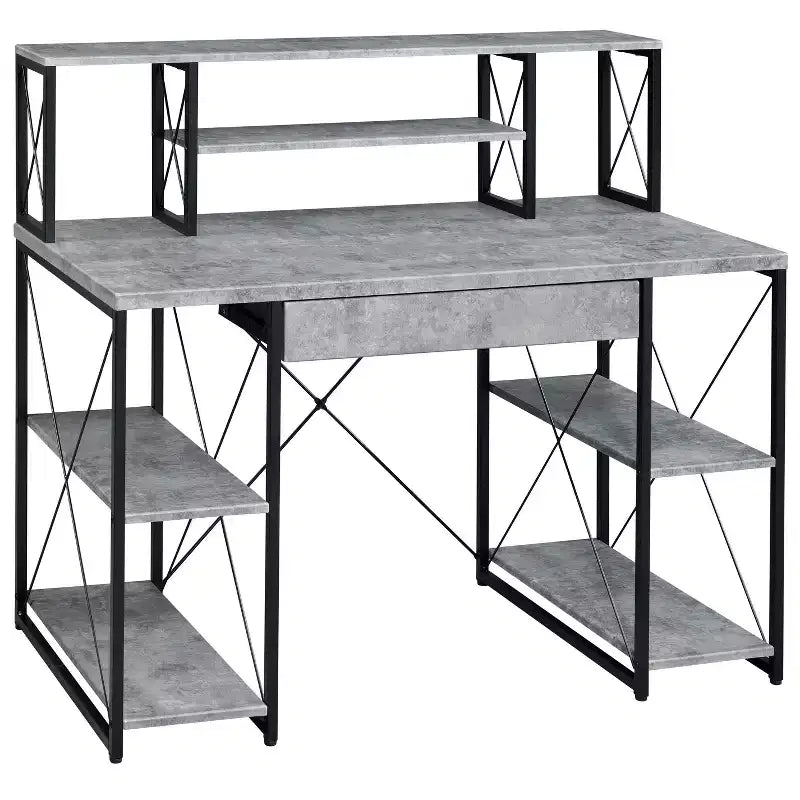 Bureau d'ordinateur, Meuble avec rangements, Bureau de studio d'enregistrement avec tiroir, 8 compartiments, Piètement traîneau en métal, Plateau en bois, Bureau d'écriture pour bureau à domicile