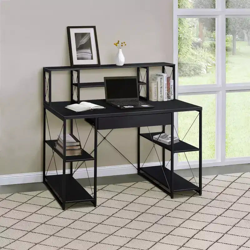 TUYOHW Office Computer Desk,Hutch,Recording Studio Desk with Drawer,8 Compartments,Metal Sled Base,Wooden Top,Writing Desk for Home Office
