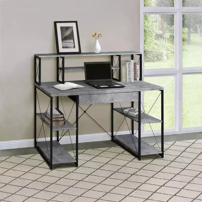 Bureau d'ordinateur, Meuble avec rangements, Bureau de studio d'enregistrement avec tiroir, 8 compartiments, Piètement traîneau en métal, Plateau en bois, Bureau d'écriture pour bureau à domicile