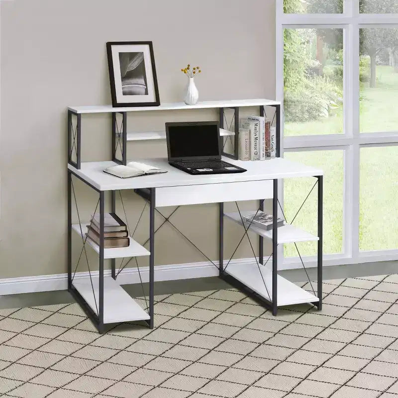 Bureau d'ordinateur, Meuble avec rangements, Bureau de studio d'enregistrement avec tiroir, 8 compartiments, Piètement traîneau en métal, Plateau en bois, Bureau d'écriture pour bureau à domicile