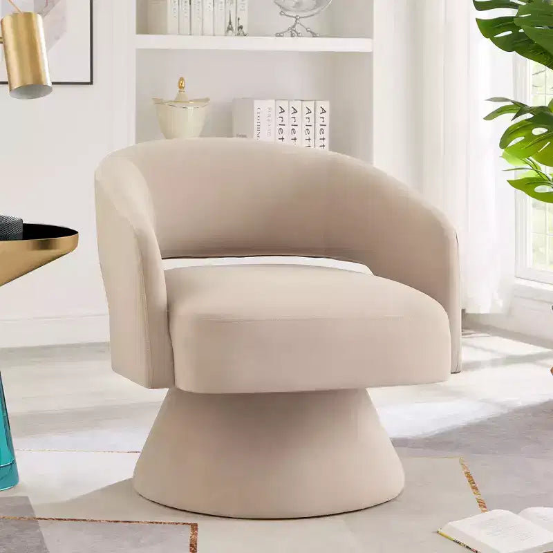 Fauteuil pivotant moderne avec revêtement en velours, fauteuil rond en forme de tonneau avec dossier ouvert et accoudoirs, chaise confortable pour la chambre, le salon