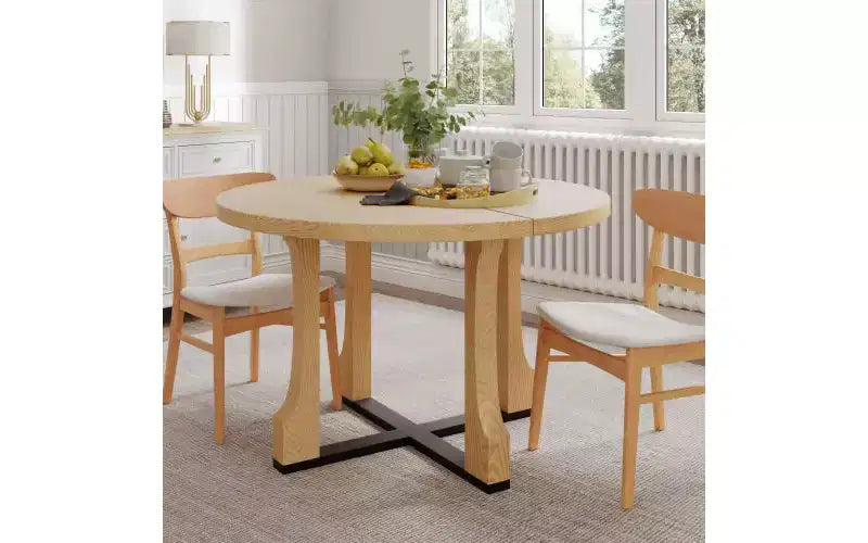 Table de cuisine circulaire 48" pour 4 personnes, table de salle à manger résistante aux rayures avec piètement en tréteau, table compacte et peu encombrante pour la salle à manger