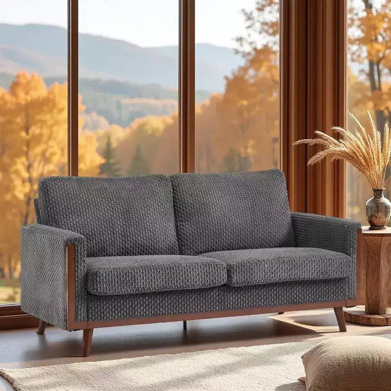 Causeuse confortable mi-siècle de 173 cm, canapé deux places avec support à ressorts et structure en bois massif, petit canapé en tissu velours côtelé