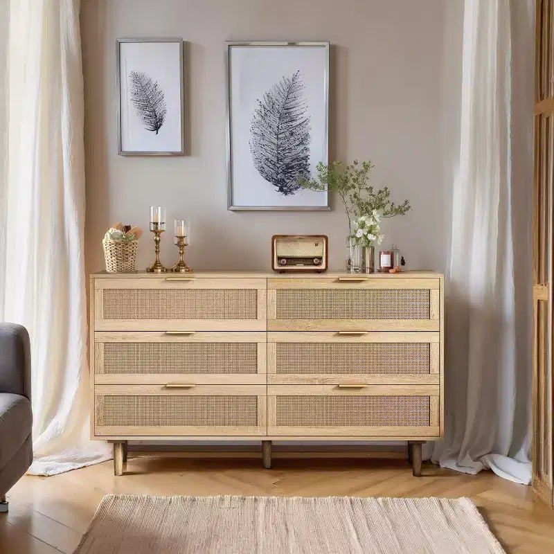 JVNOXK 51.18-inch 6-Drawer Wooden Storage Cabinet with Natural Rattan Drawers, Suitable for Bedrooms and Living Rooms, Natural Finish
