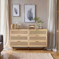 JVNOXK 51.18-inch 6-Drawer Wooden Storage Cabinet with Natural Rattan Drawers, Suitable for Bedrooms and Living Rooms, Natural Finish