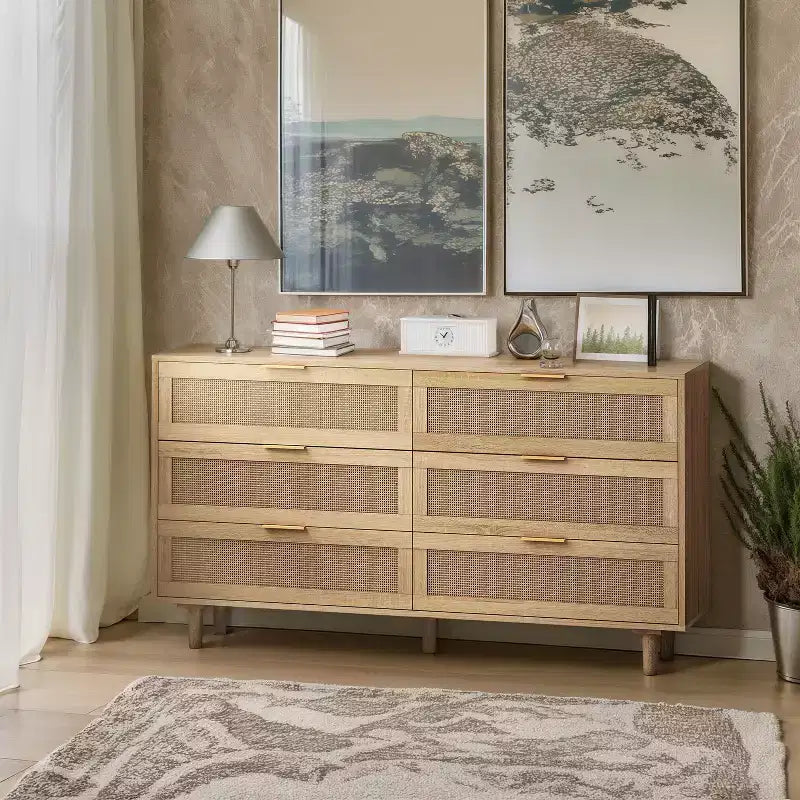 Meuble de rangement en bois à 6 tiroirs de 51,18 pouces avec tiroirs en rotin naturel, adapté aux chambres et aux salons, finition naturelle