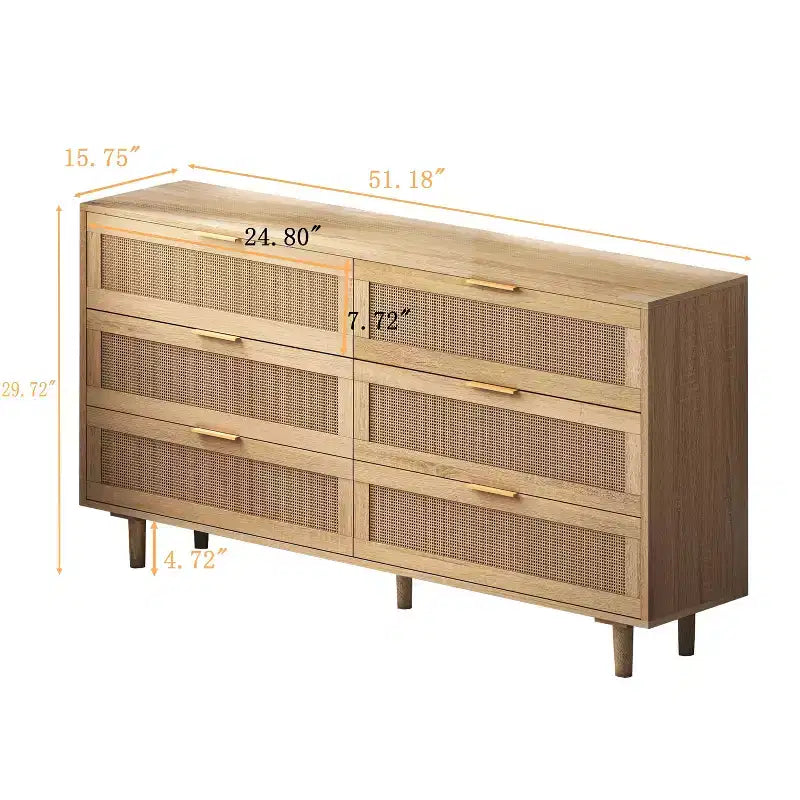 Meuble de rangement en bois à 6 tiroirs de 51,18 pouces avec tiroirs en rotin naturel, adapté aux chambres et aux salons, finition naturelle