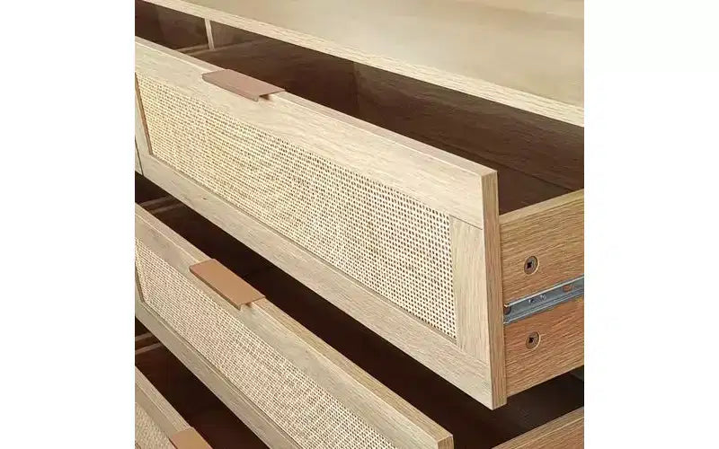Meuble de rangement en bois à 6 tiroirs de 51,18 pouces avec tiroirs en rotin naturel, adapté aux chambres et aux salons, finition naturelle