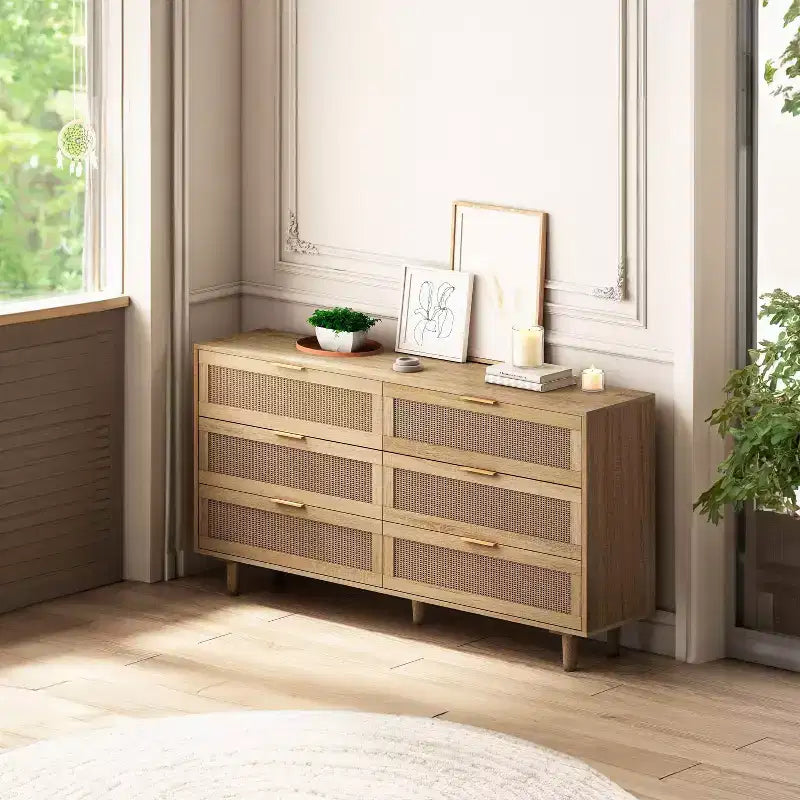 Meuble de rangement en bois à 6 tiroirs de 51,18 pouces avec tiroirs en rotin naturel, adapté aux chambres et aux salons, finition naturelle