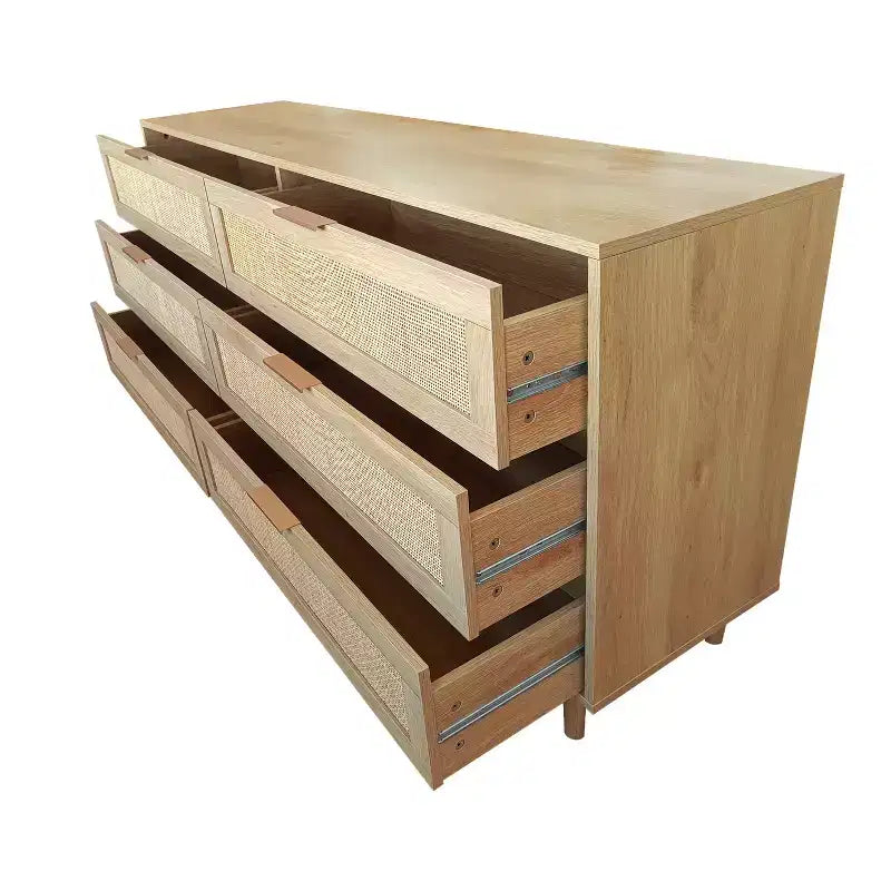 Meuble de rangement en bois à 6 tiroirs de 51,18 pouces avec tiroirs en rotin naturel, adapté aux chambres et aux salons, finition naturelle