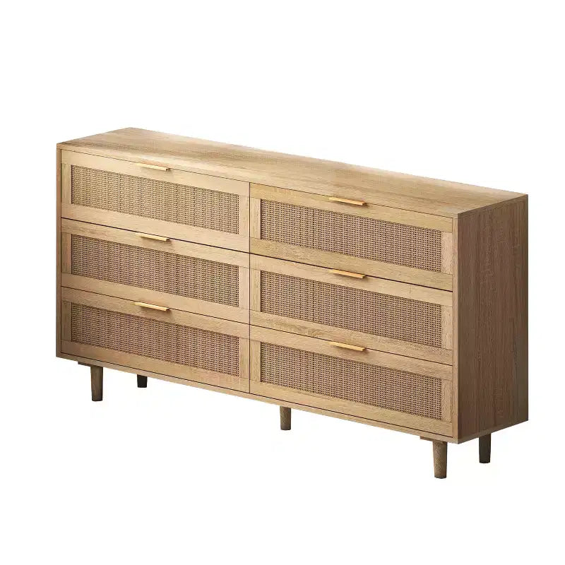 Meuble de rangement en bois à 6 tiroirs de 51,18 pouces avec tiroirs en rotin naturel, adapté aux chambres et aux salons, finition naturelle