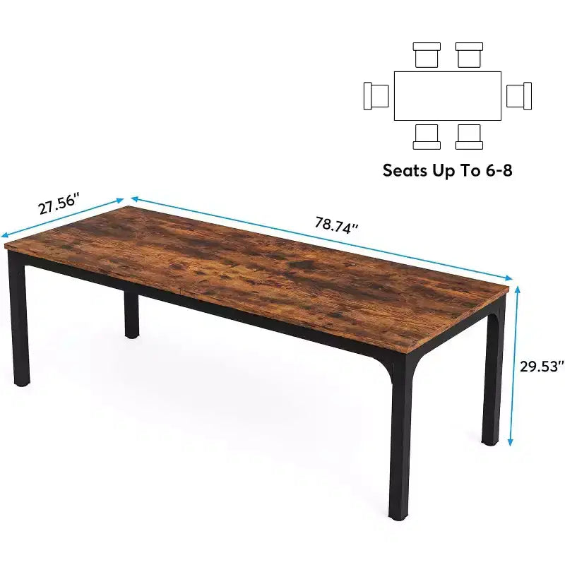 Table de salle à manger de 200 cm pour 6 à 8 personnes, table à manger rectangulaire industrielle en bois avec pieds en métal robustes, marron rustique, table uniquement