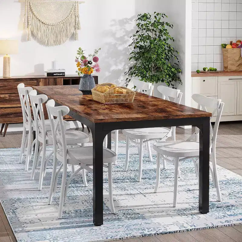 Table de salle à manger de 200 cm pour 6 à 8 personnes, table à manger rectangulaire industrielle en bois avec pieds en métal robustes, marron rustique, table uniquement