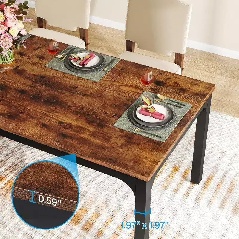 Table de salle à manger de 200 cm pour 6 à 8 personnes, table à manger rectangulaire industrielle en bois avec pieds en métal robustes, marron rustique, table uniquement