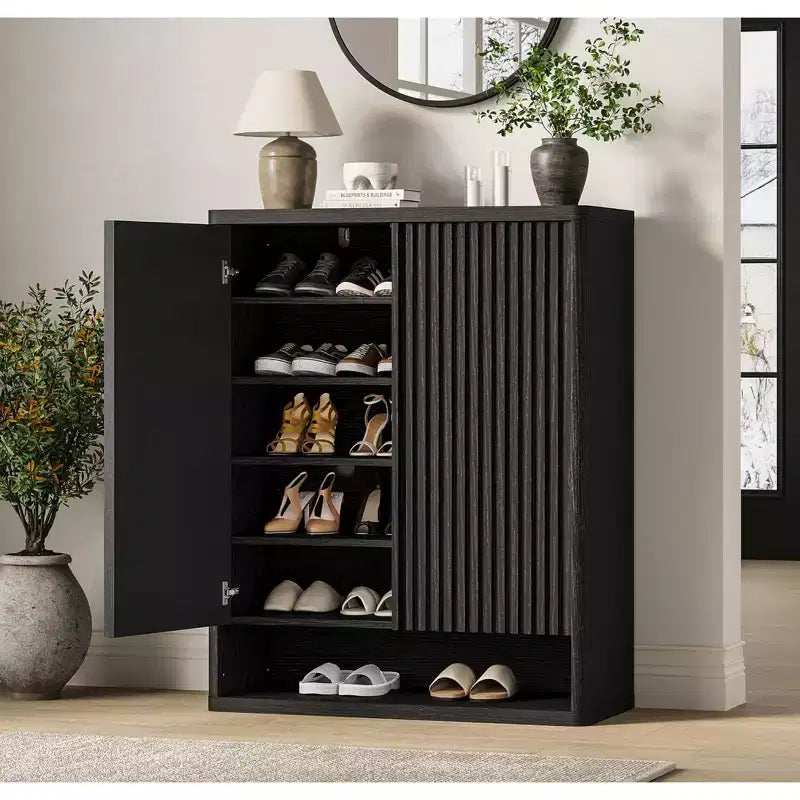 31.5'' Shoe Cabinet, Large Shoe Storage Cabinet with Adjustable Shelves, Wooden Shoe Organizer with Fluted Door for Entryway &amp; Living Room