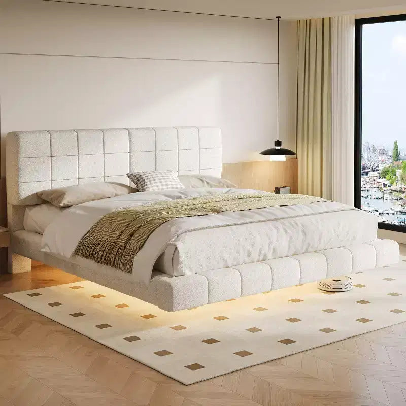 White Boucle Floating Bed Frame with LED Light Strip, Anti-Collision Corners and Easy-Clean Elevated Design for Modern Bedrooms, Queen