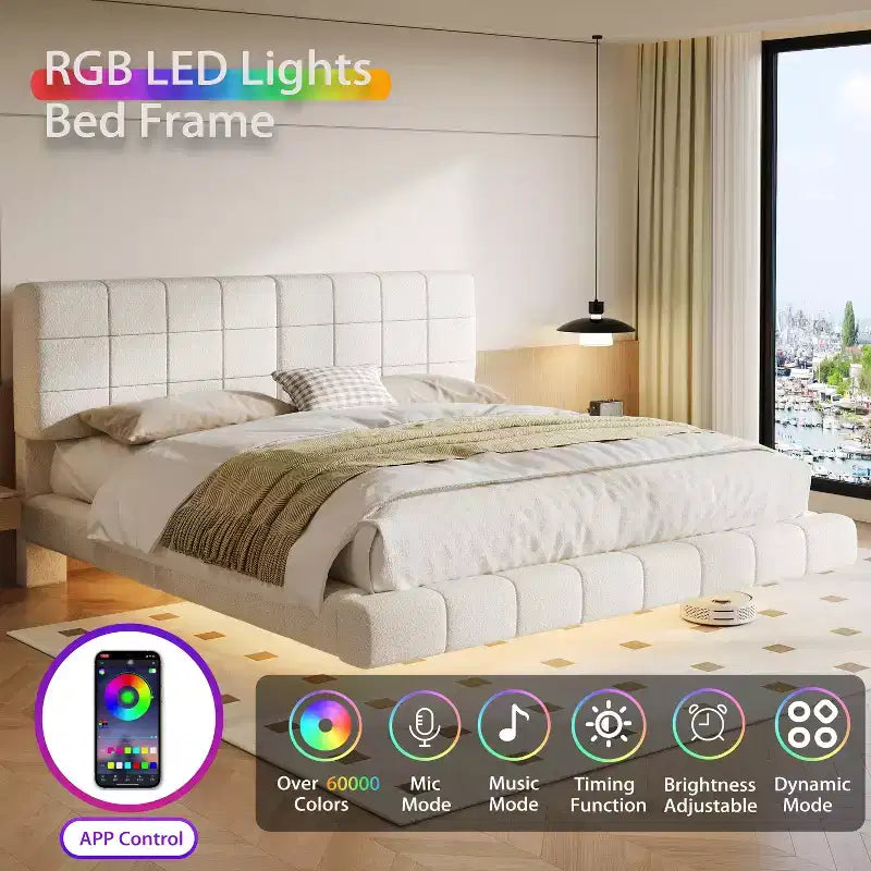 Cadre de lit flottant en boucle blanche avec bande lumineuse LED, coins anti-collision et design surélevé facile à nettoyer pour chambres modernes, Queen