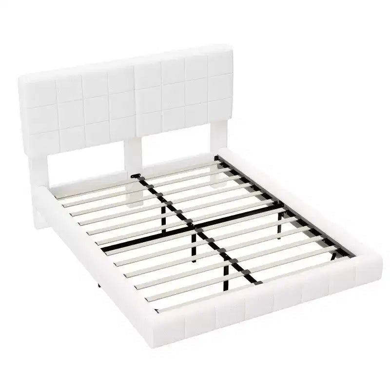 Cadre de lit flottant en boucle blanche avec bande lumineuse LED, coins anti-collision et design surélevé facile à nettoyer pour chambres modernes, Queen