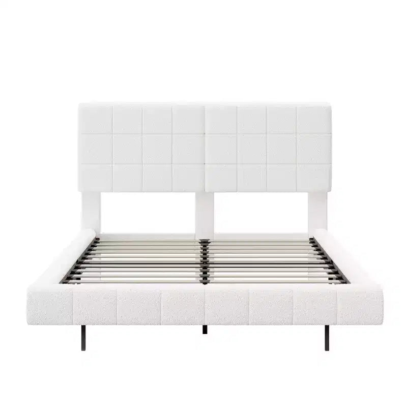 Cadre de lit flottant en boucle blanche avec bande lumineuse LED, coins anti-collision et design surélevé facile à nettoyer pour chambres modernes, Queen