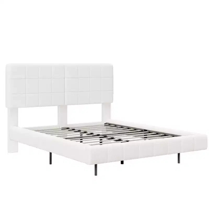 Cadre de lit flottant en boucle blanche avec bande lumineuse LED, coins anti-collision et design surélevé facile à nettoyer pour chambres modernes, Queen