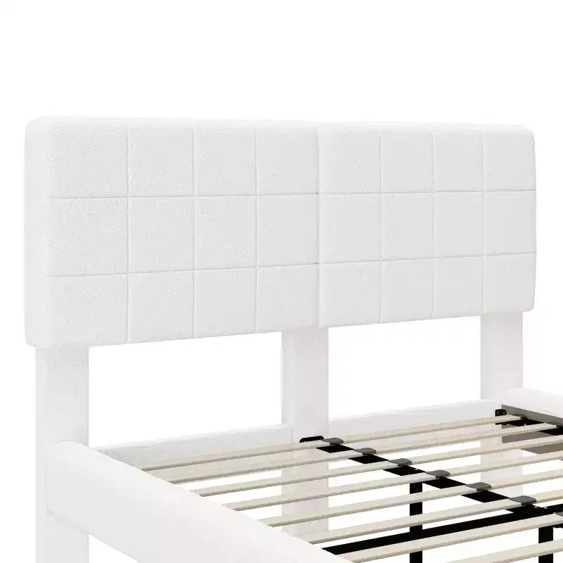 Cadre de lit flottant en boucle blanche avec bande lumineuse LED, coins anti-collision et design surélevé facile à nettoyer pour chambres modernes, Queen