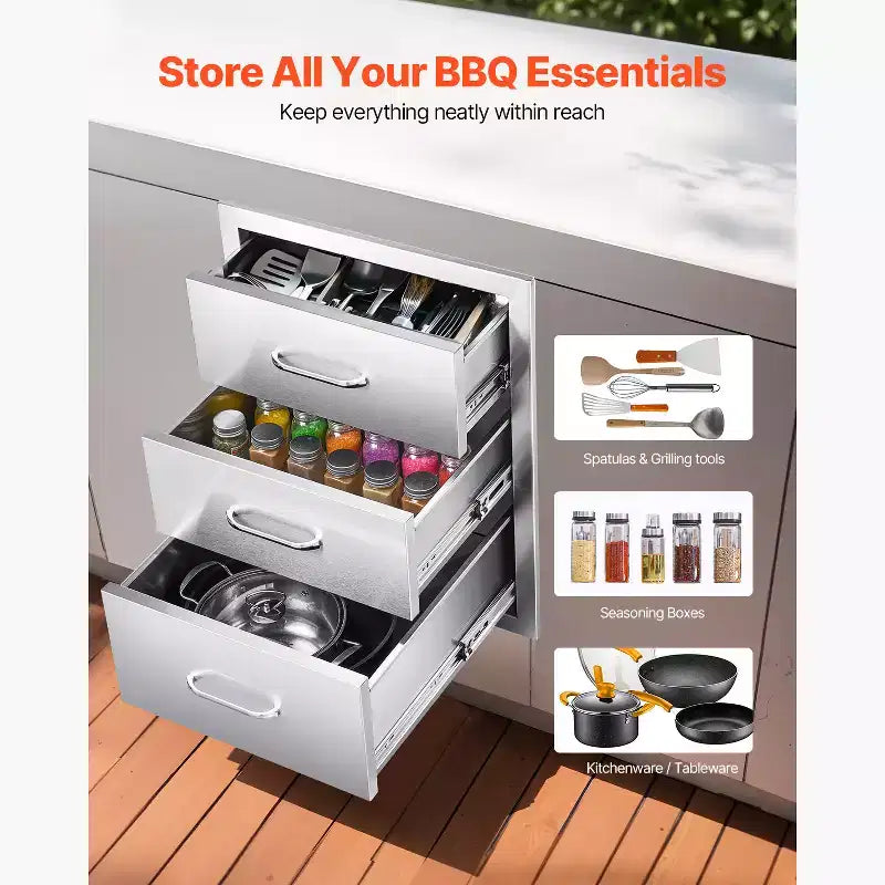 Tiroirs de cuisine extérieure 18,11L x 23,23P x 23,23H, tiroirs de barbecue en acier inoxydable à triple accès avec poignées, argent