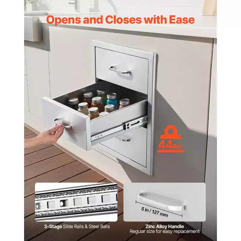 Tiroirs de cuisine extérieure 18,11L x 23,23P x 23,23H, tiroirs de barbecue en acier inoxydable à triple accès avec poignées, argent